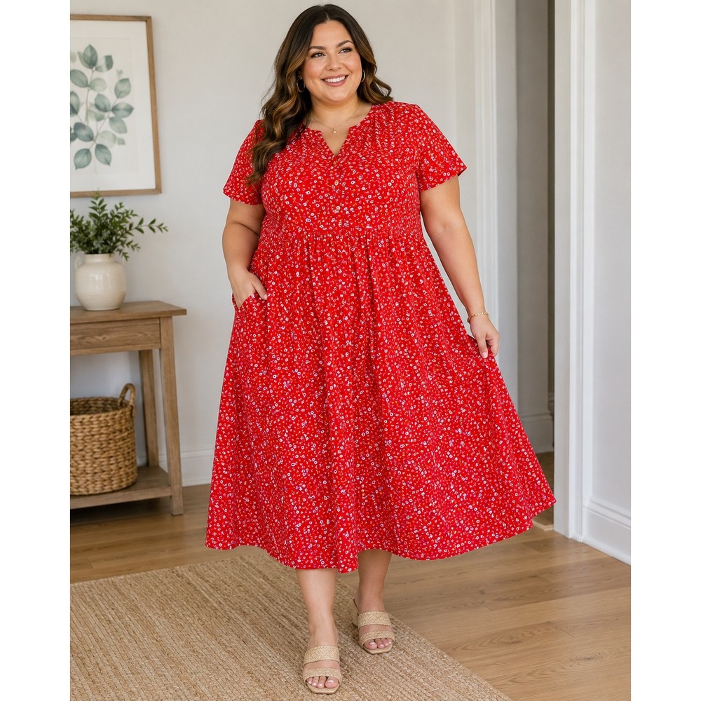 Erika Woman Red Floral Midi Dress Cottagecore 2X Pockets Prairie Plus Size - Picture 1 of 10